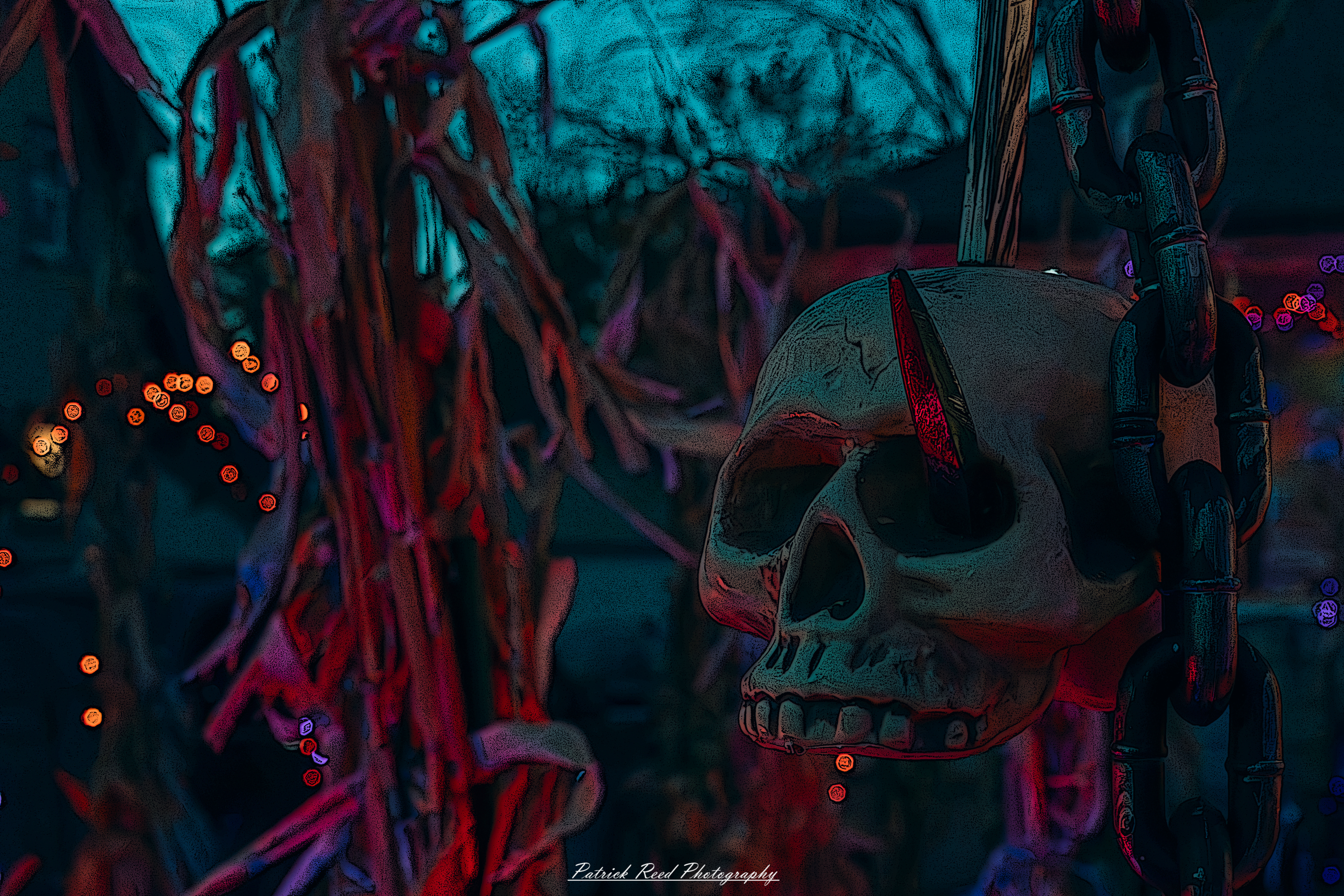 Taken on Tilson Street in Romeo Michigan on Halloween. "Close-up of a skull hanging from a metal hook and chain, creating a haunting and ominous scene perfect for Halloween or horror themes."